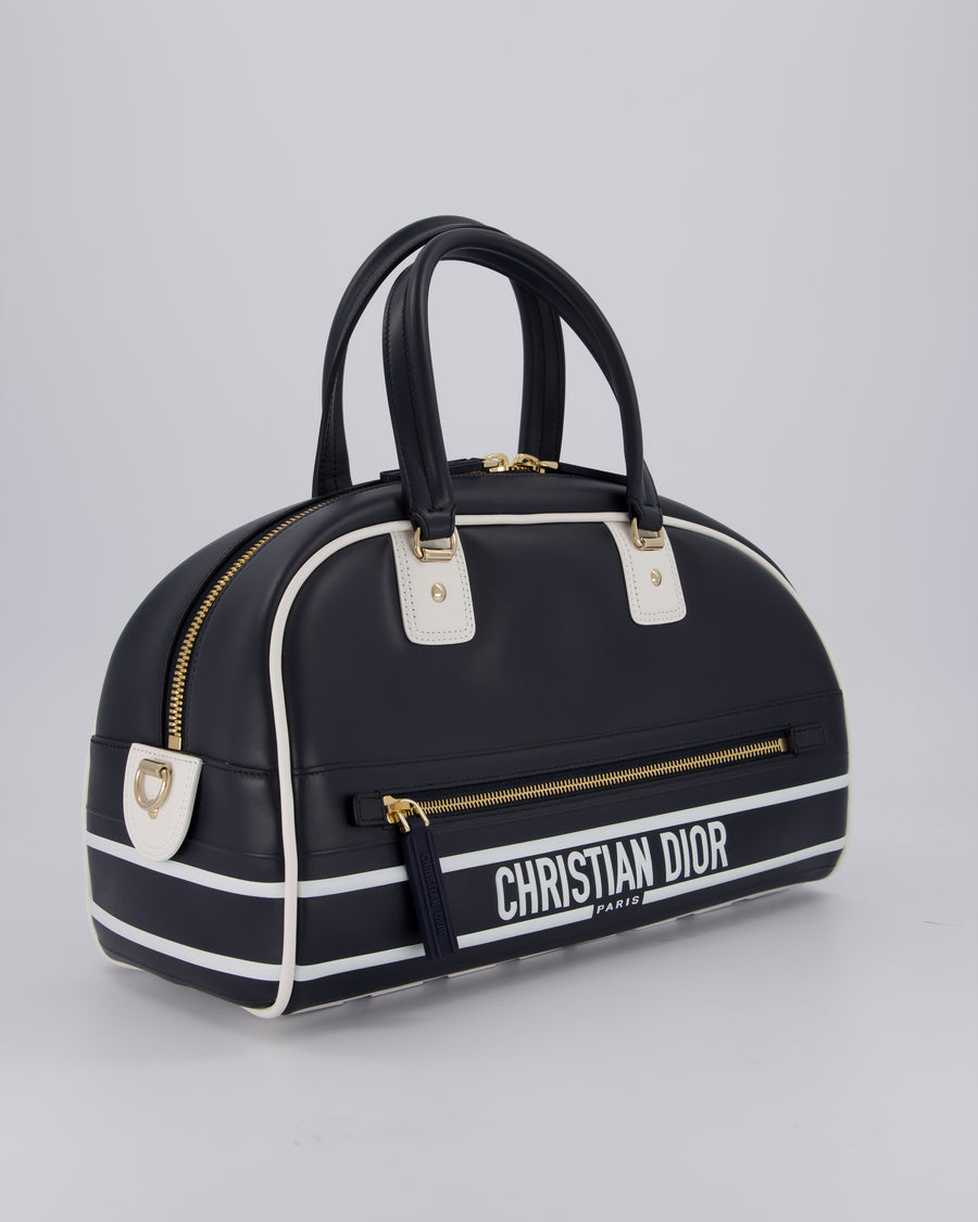 Christian Dior Vibe Bowling Bag in Navy Blue Calfskin Leather with Gold Hardware