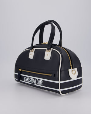 Christian Dior Vibe Bowling Bag in Navy Blue Calfskin Leather with Gold Hardware
