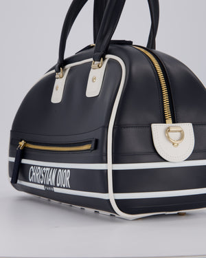 Christian Dior Vibe Bowling Bag in Navy Blue Calfskin Leather with Gold Hardware