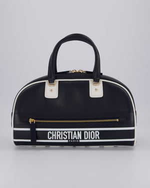 Christian Dior Vibe Bowling Bag in Navy Blue Calfskin Leather with Gold Hardware