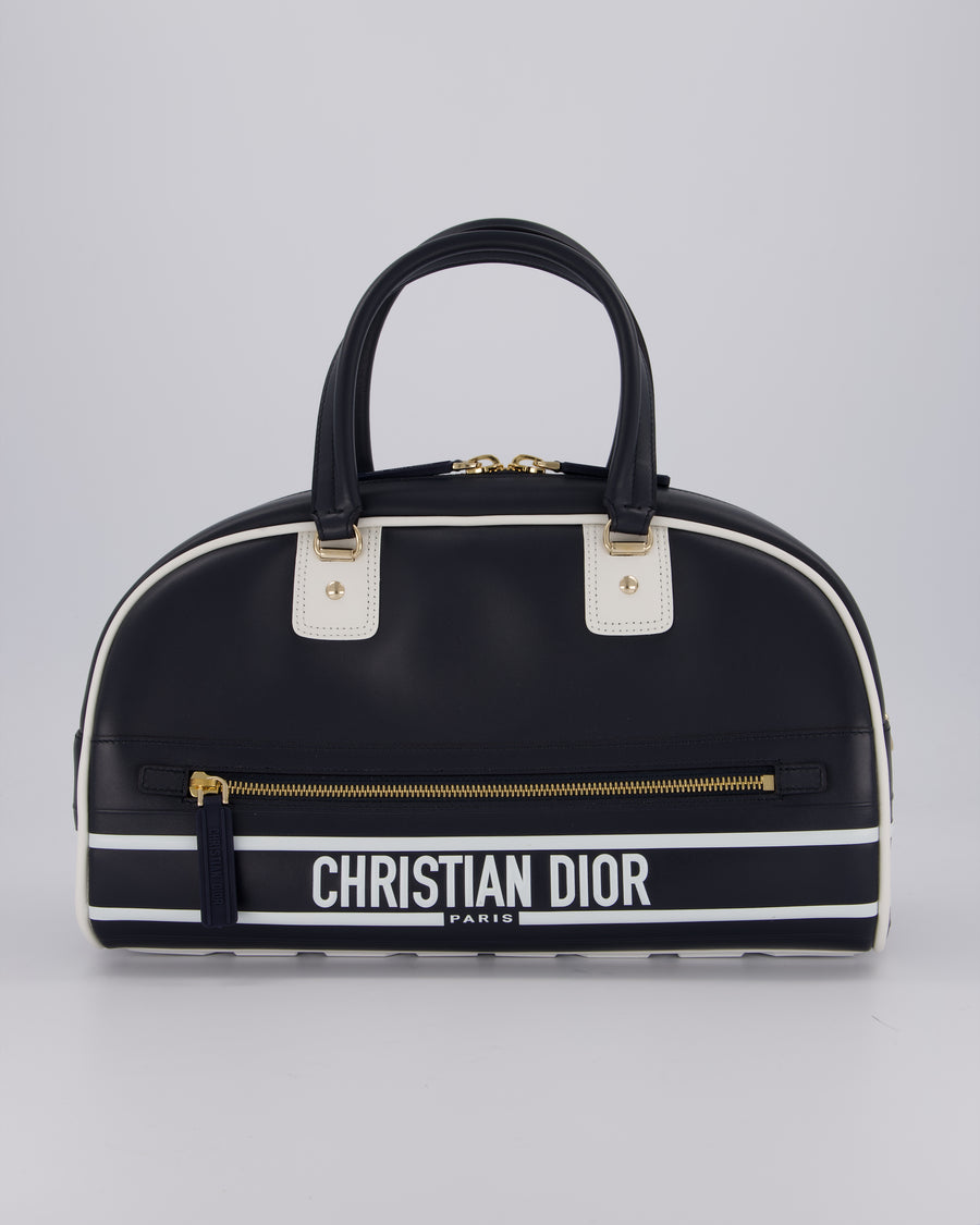 Christian Dior Vibe Bowling Bag in Navy Blue Calfskin Leather with Gold Hardware