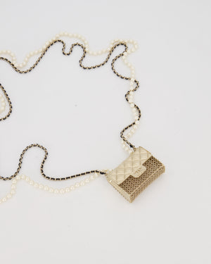 Chanel Gold Quilted Pearl Chain Necklace Featuring a Miniature Bag Pendent