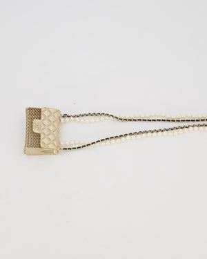 Chanel Gold Quilted Pearl Chain Necklace Featuring a Miniature Bag Pendent