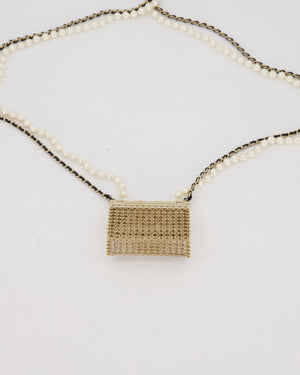 Chanel Gold Quilted Pearl Chain Necklace Featuring a Miniature Bag Pendent