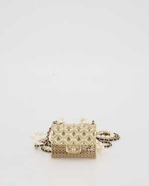 Chanel Gold Quilted Pearl Chain Necklace Featuring a Miniature Bag Pendent