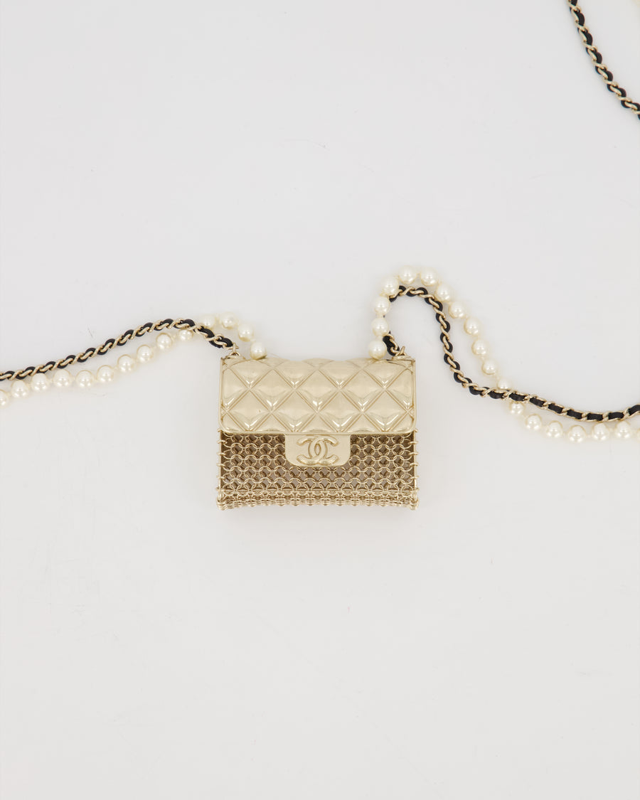 Chanel Gold Quilted Pearl Chain Necklace Featuring a Miniature Bag Pendent
