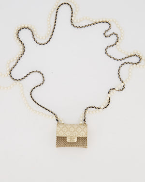 Chanel Gold Quilted Pearl Chain Necklace Featuring a Miniature Bag Pendent