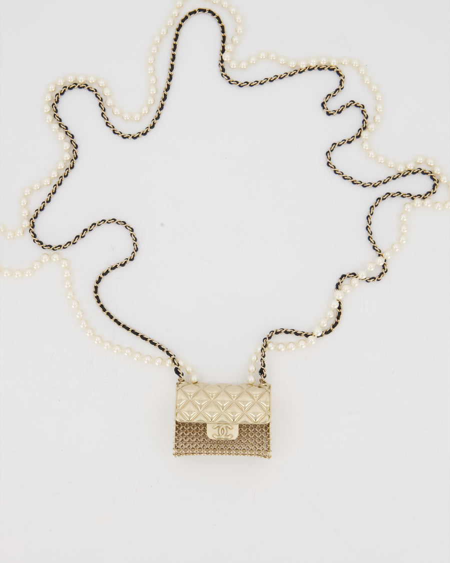 Chanel Gold Quilted Pearl Chain Necklace Featuring a Miniature Bag Pendent