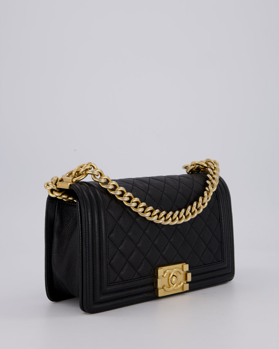 Chanel Black Medium Boy Bag in Caviar Leather with Brushed Gold Hardware