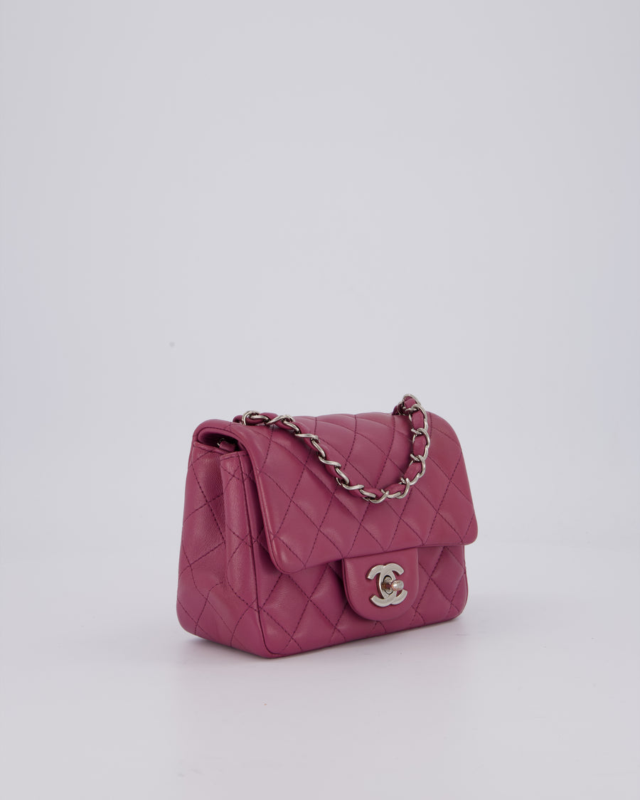 Chanel Purple Mini Square Flap Bag In Lambskin Leather With Silver Hardware