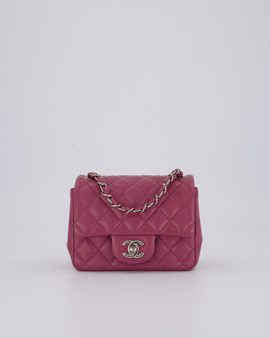 Chanel Purple Mini Square Flap Bag In Lambskin Leather With Silver Hardware
