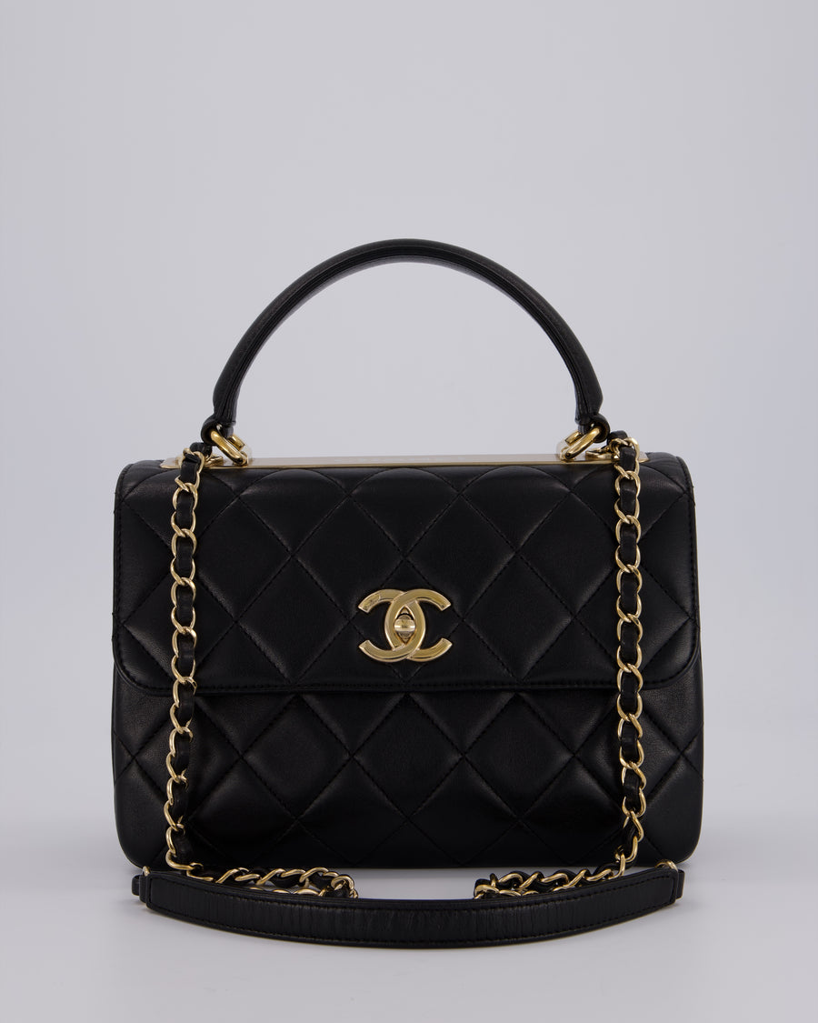 Chanel Black Small Trendy CC Top Handle Flap Bag in Quilted Lambskin Leather with Champagne Gold Hardware