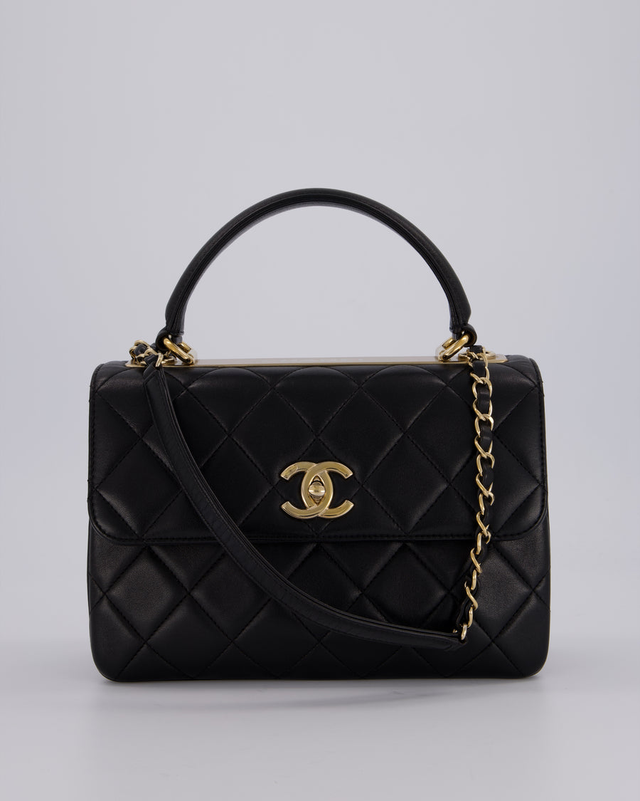 Chanel Black Small Trendy CC Top Handle Flap Bag in Quilted Lambskin Leather with Champagne Gold Hardware