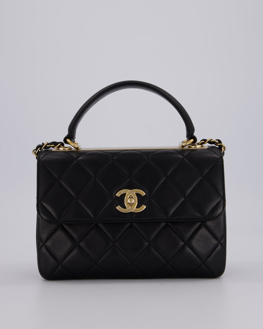 Chanel Black Small Trendy CC Top Handle Flap Bag in Quilted Lambskin Leather with Champagne Gold Hardware