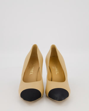 Chanel Beige Leather Pumps with Pearl Embellished Heel with Champagne Gold CC Logo Detail Size EU 38.5C
