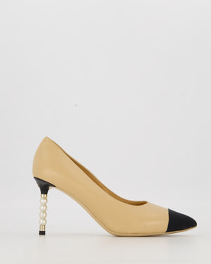 Chanel Beige Leather Pumps with Pearl Embellished Heel with Champagne Gold CC Logo Detail Size EU 38.5C