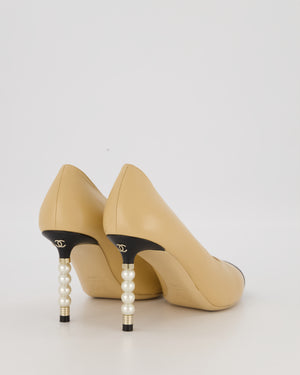 Chanel Beige Leather Pumps with Pearl Embellished Heel with Champagne Gold CC Logo Detail Size EU 38.5C