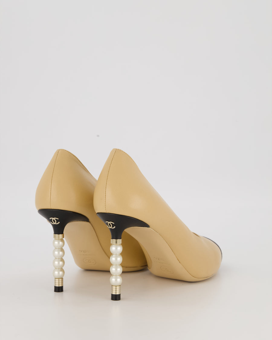 Chanel Beige Leather Pumps with Pearl Embellished Heel with Champagne Gold CC Logo Detail Size EU 38.5C