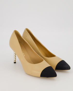 Chanel Beige Leather Pumps with Pearl Embellished Heel with Champagne Gold CC Logo Detail Size EU 38.5C