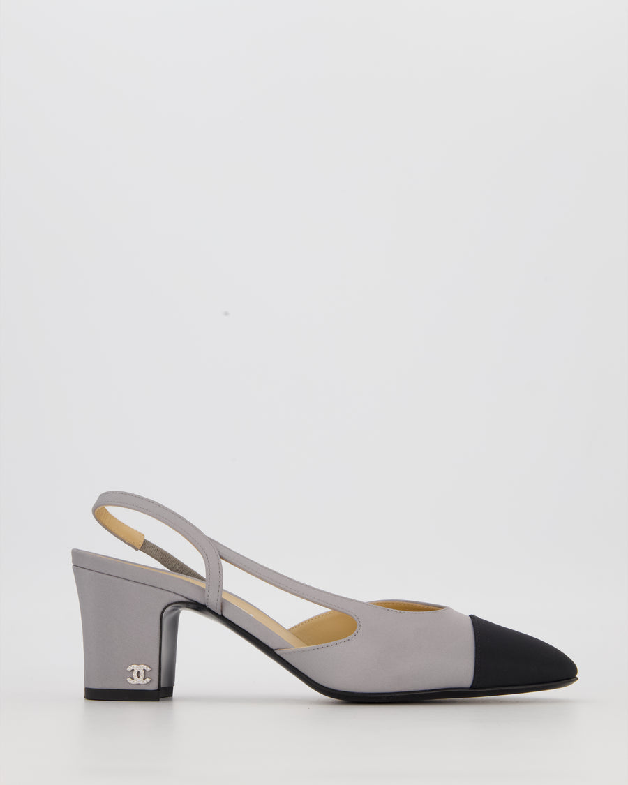 Chanel Grey Canvas Slingback Shoes with Gold CC Logo Detail Size 38.5C