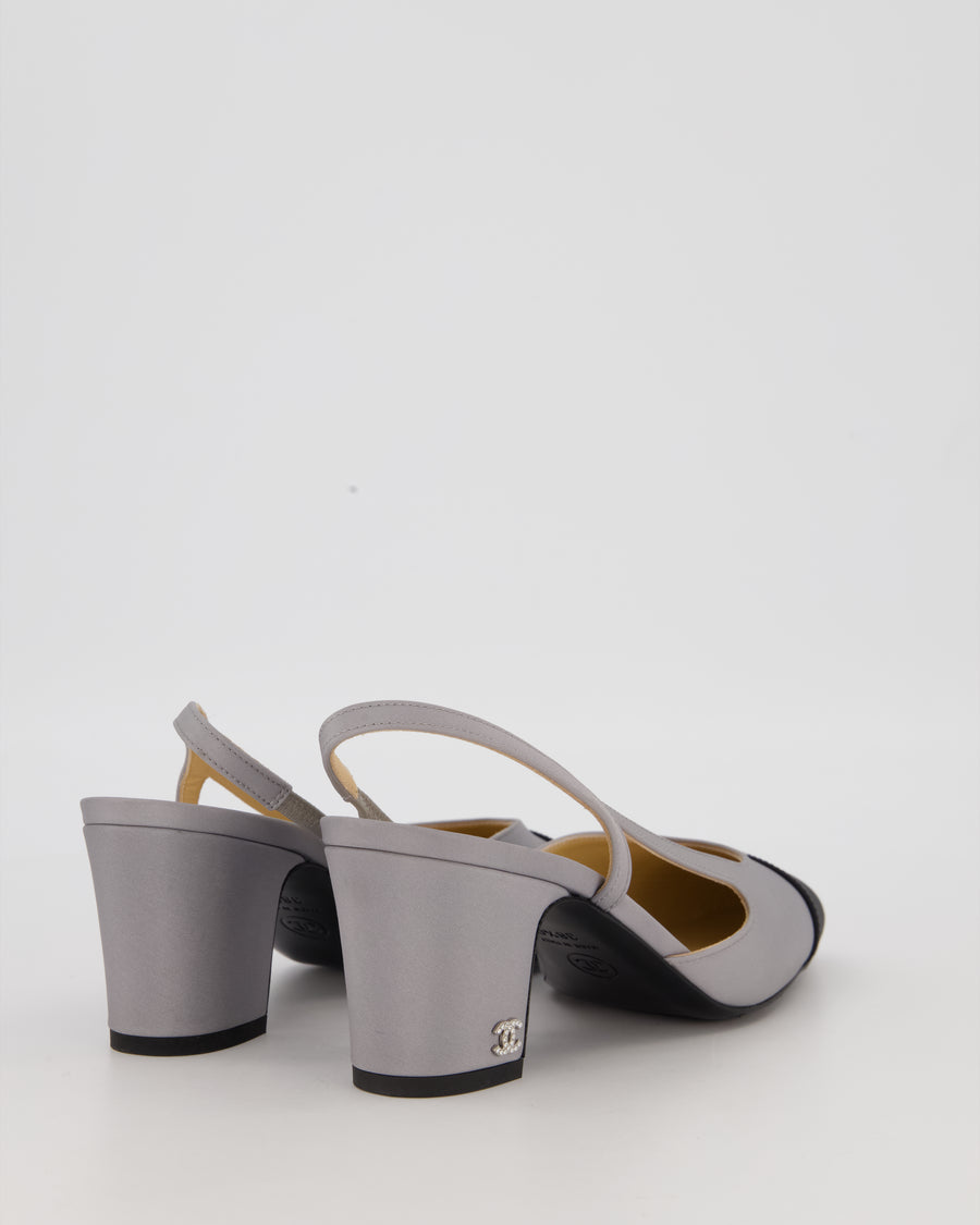 Chanel Grey Canvas Slingback Shoes with Gold CC Logo Detail Size 38.5C