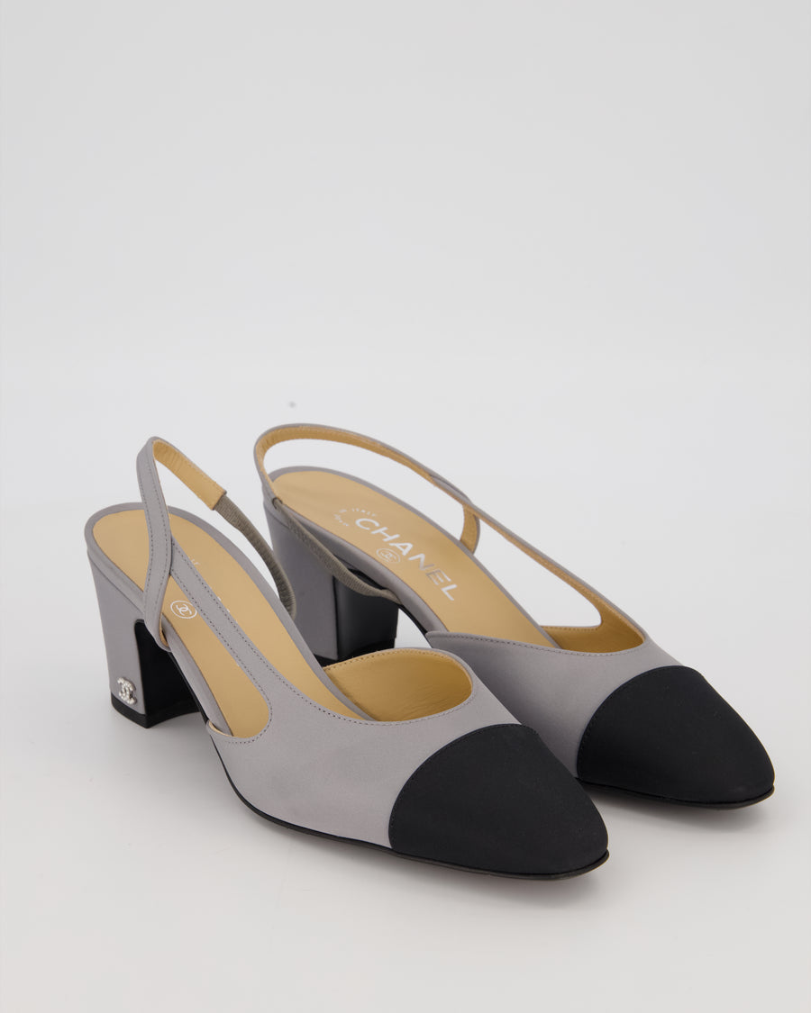 Chanel Grey Canvas Slingback Shoes with Gold CC Logo Detail Size 38.5C