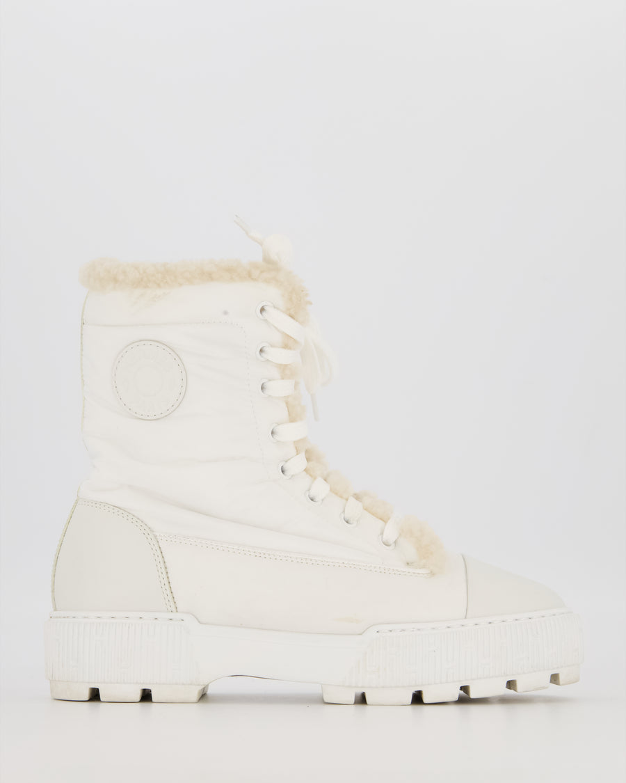 Hermès Fresh Boots in White Nylon with Ecru Shearling and Calfskin Details Size EU 36