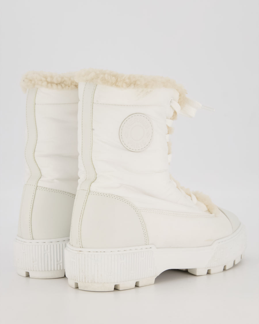 Hermès Fresh Boots in White Nylon with Ecru Shearling and Calfskin Details Size EU 36