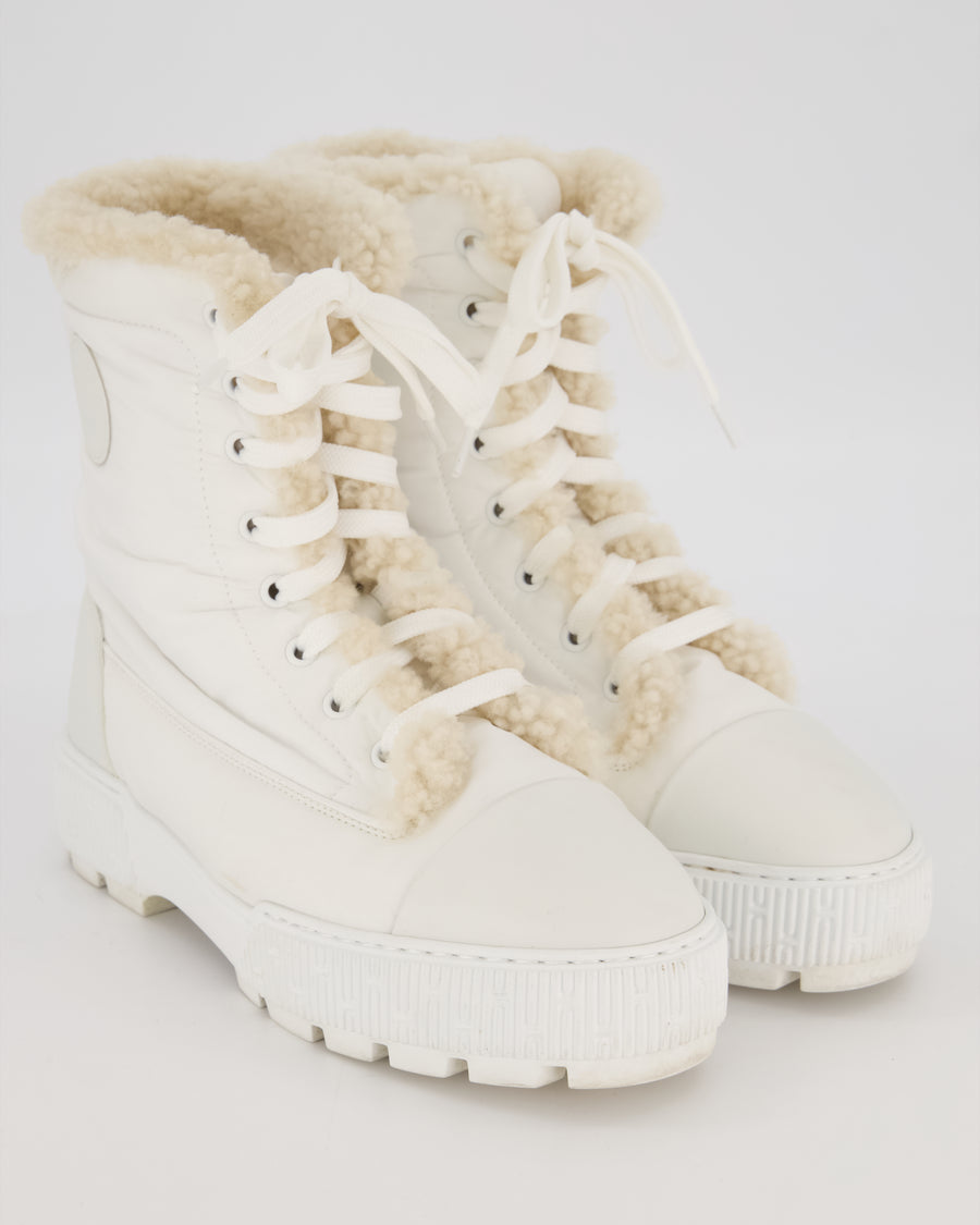 Hermès Fresh Boots in White Nylon with Ecru Shearling and Calfskin Details Size EU 36