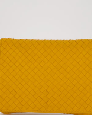 Bottega Veneta Crossbody Flap Bag on Strap in Mustard Yellow Intrecciato Leather with Gold Hardware