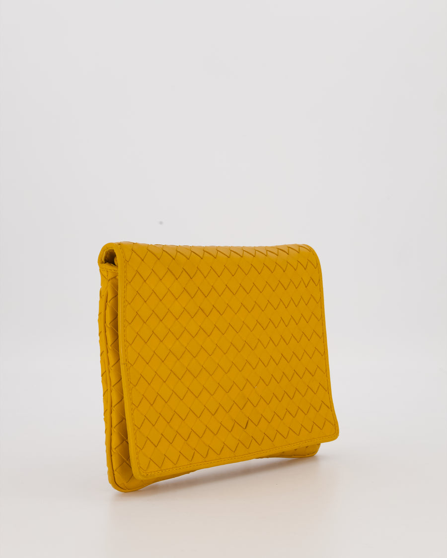 Bottega Veneta Crossbody Flap Bag on Strap in Mustard Yellow Intrecciato Leather with Gold Hardware