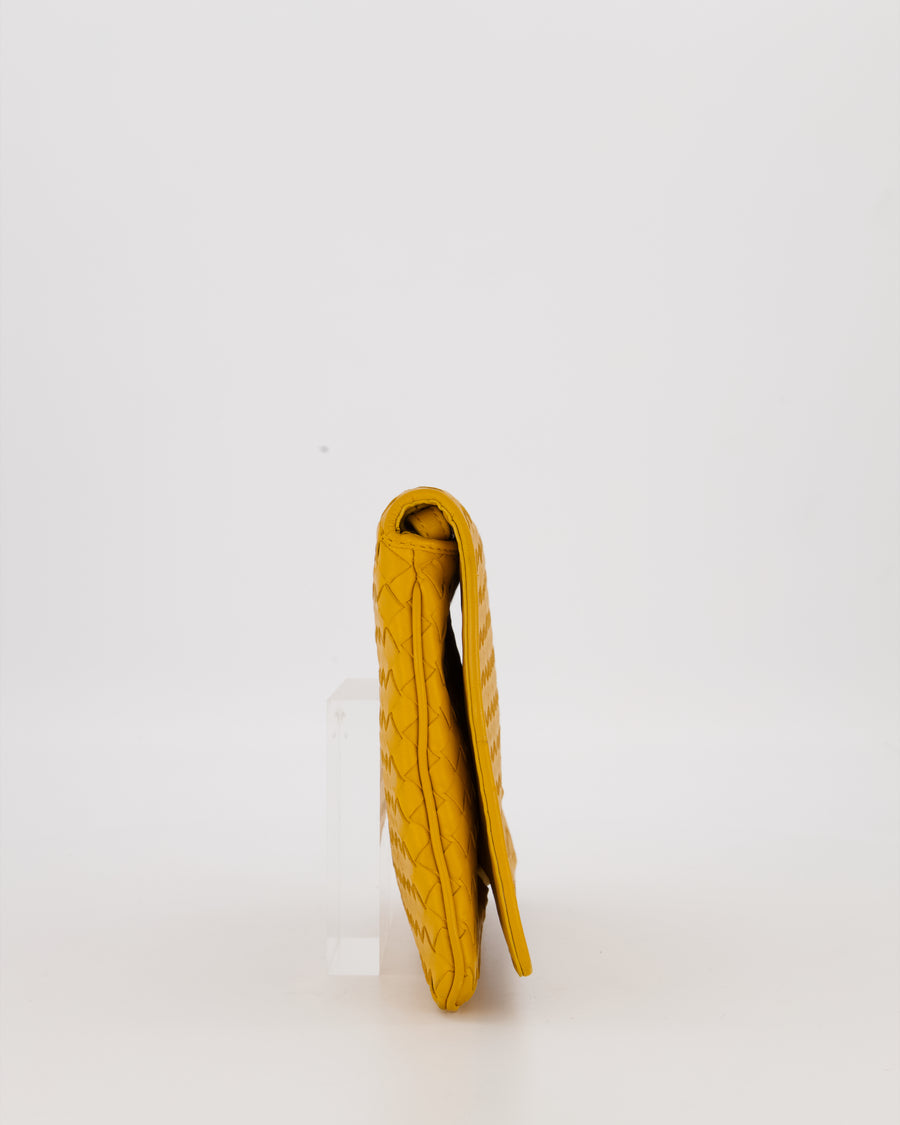 Bottega Veneta Crossbody Flap Bag on Strap in Mustard Yellow Intrecciato Leather with Gold Hardware