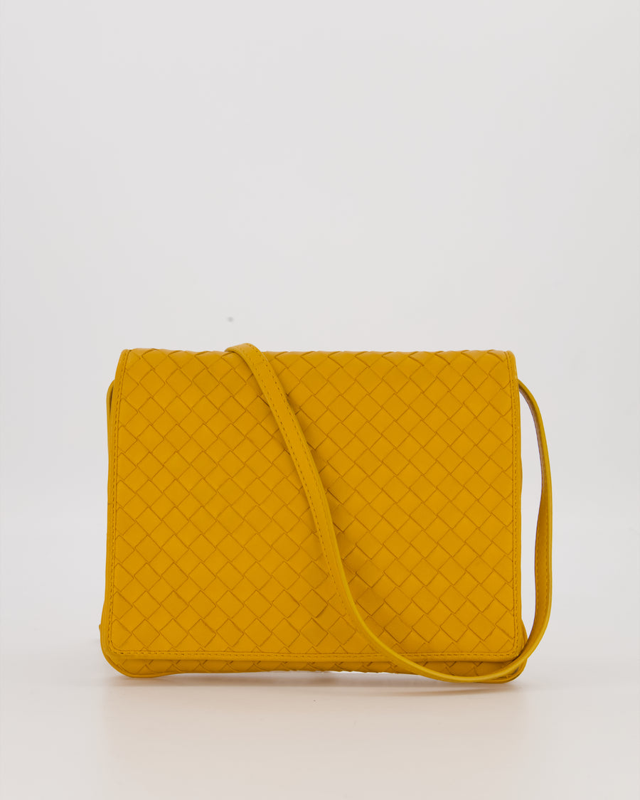 Bottega Veneta Crossbody Flap Bag on Strap in Mustard Yellow Intrecciato Leather with Gold Hardware