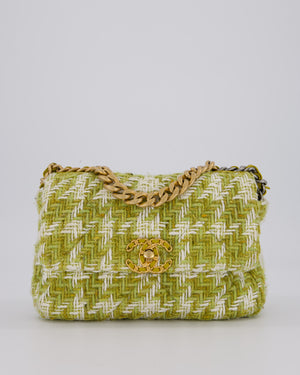Chanel Small 19 Flap Bag in Green and White Houndstooth Quilted Tweed with Mixed Hardware