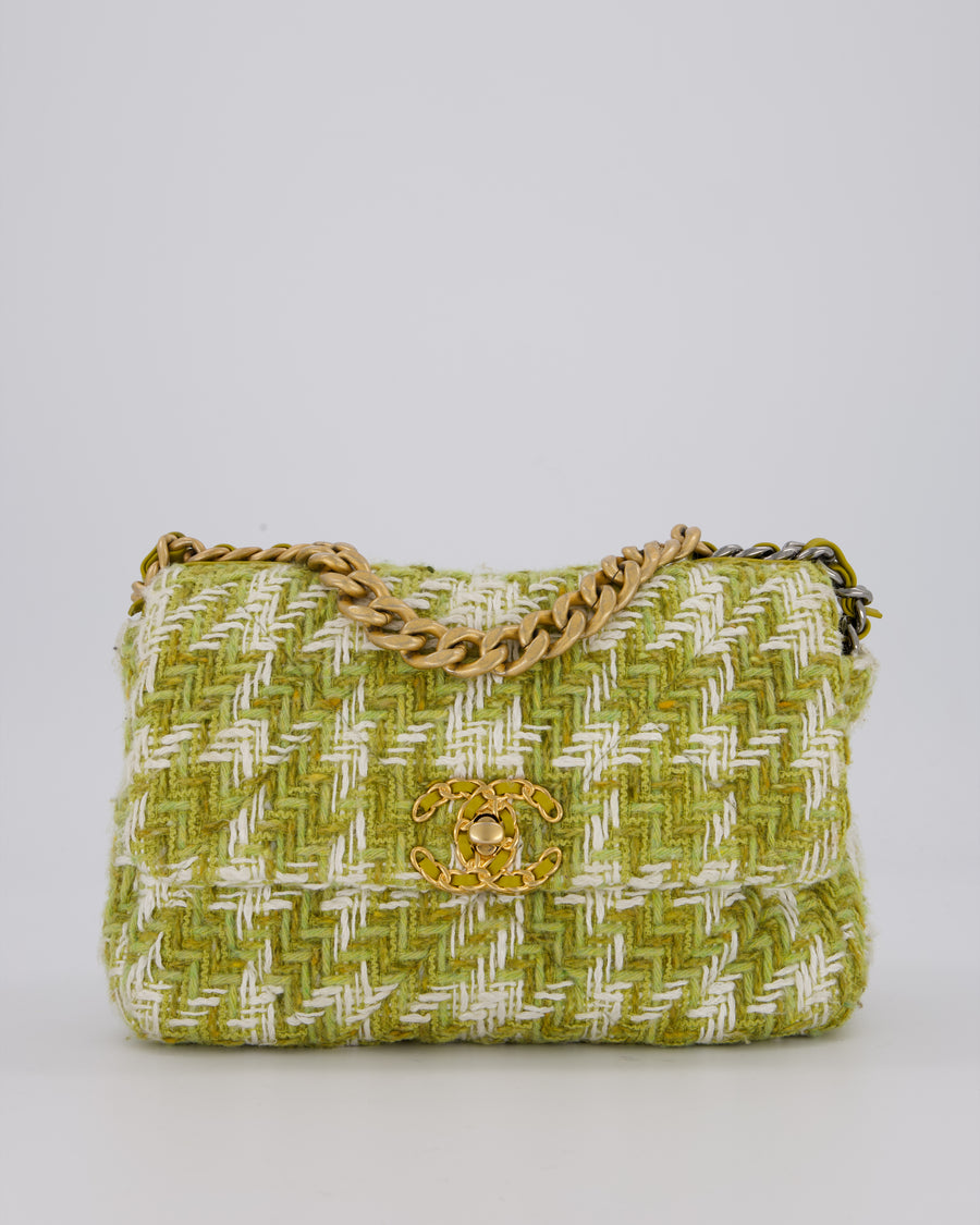 Chanel Small 19 Flap Bag in Green and White Houndstooth Quilted Tweed with Mixed Hardware