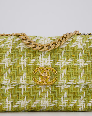 Chanel Small 19 Flap Bag in Green and White Houndstooth Quilted Tweed with Mixed Hardware