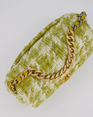 Chanel Small 19 Flap Bag in Green and White Houndstooth Quilted Tweed with Mixed Hardware