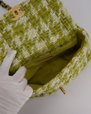 Chanel Small 19 Flap Bag in Green and White Houndstooth Quilted Tweed with Mixed Hardware
