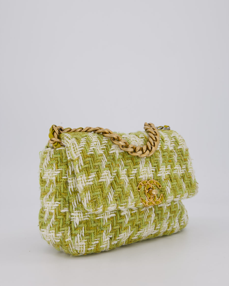 Chanel Small 19 Flap Bag in Green and White Houndstooth Quilted Tweed with Mixed Hardware