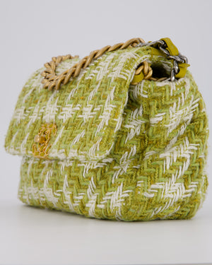 Chanel Small 19 Flap Bag in Green and White Houndstooth Quilted Tweed with Mixed Hardware