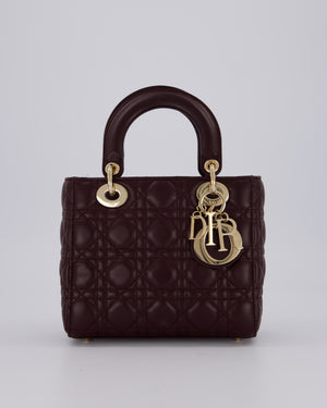 Christian Dior Aubergine Burgundy Small Lady Dior in Lambskin Leather with Champagne Gold Hardware