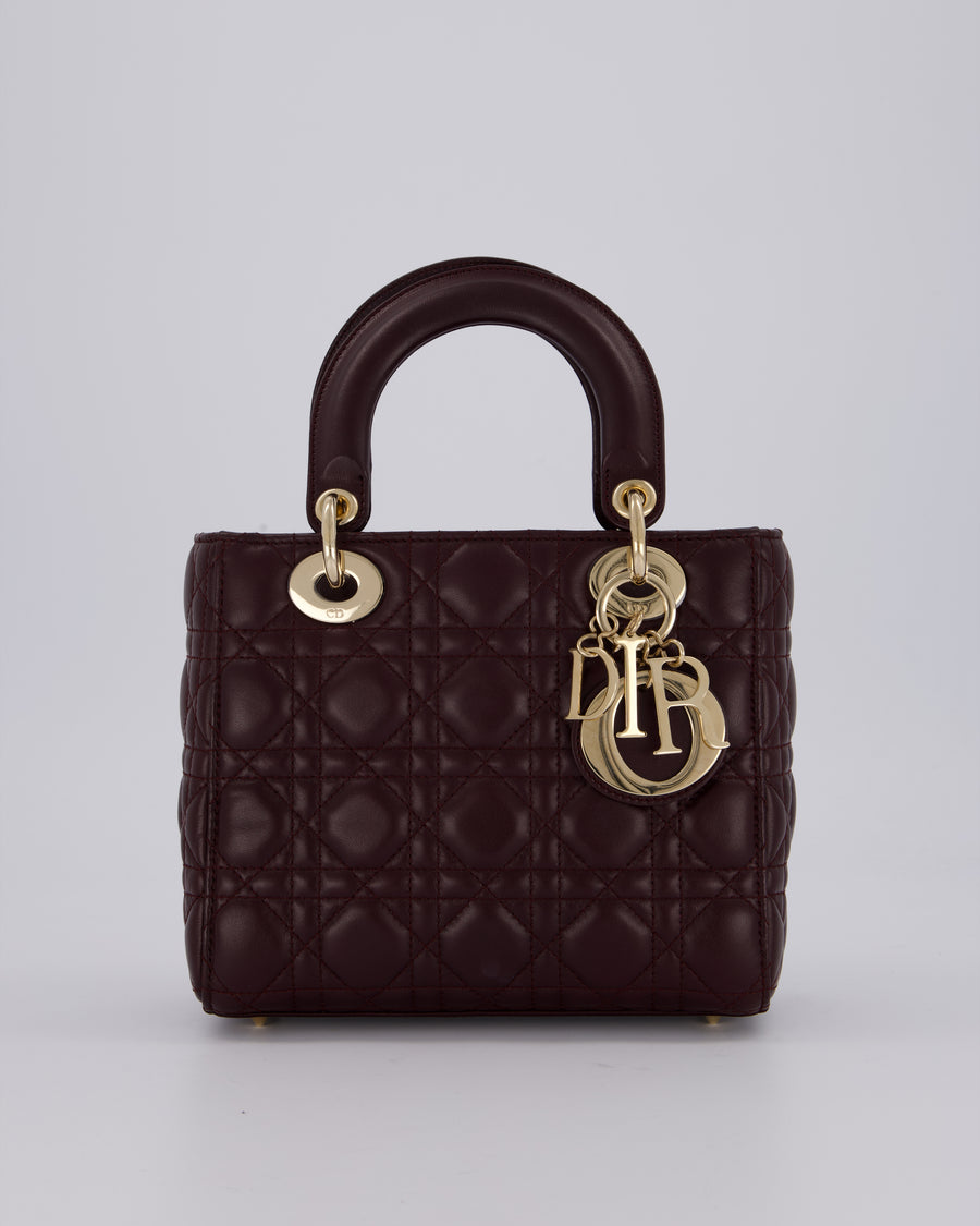 Christian Dior Aubergine Burgundy Small Lady Dior in Lambskin Leather with Champagne Gold Hardware