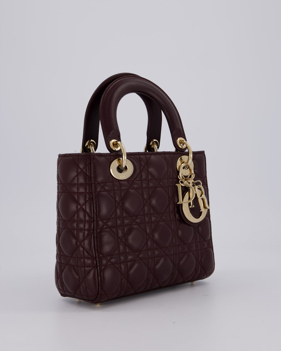 Christian Dior Aubergine Burgundy Small Lady Dior in Lambskin Leather with Champagne Gold Hardware