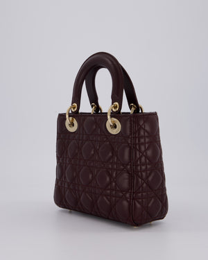 Christian Dior Aubergine Burgundy Small Lady Dior in Lambskin Leather with Champagne Gold Hardware