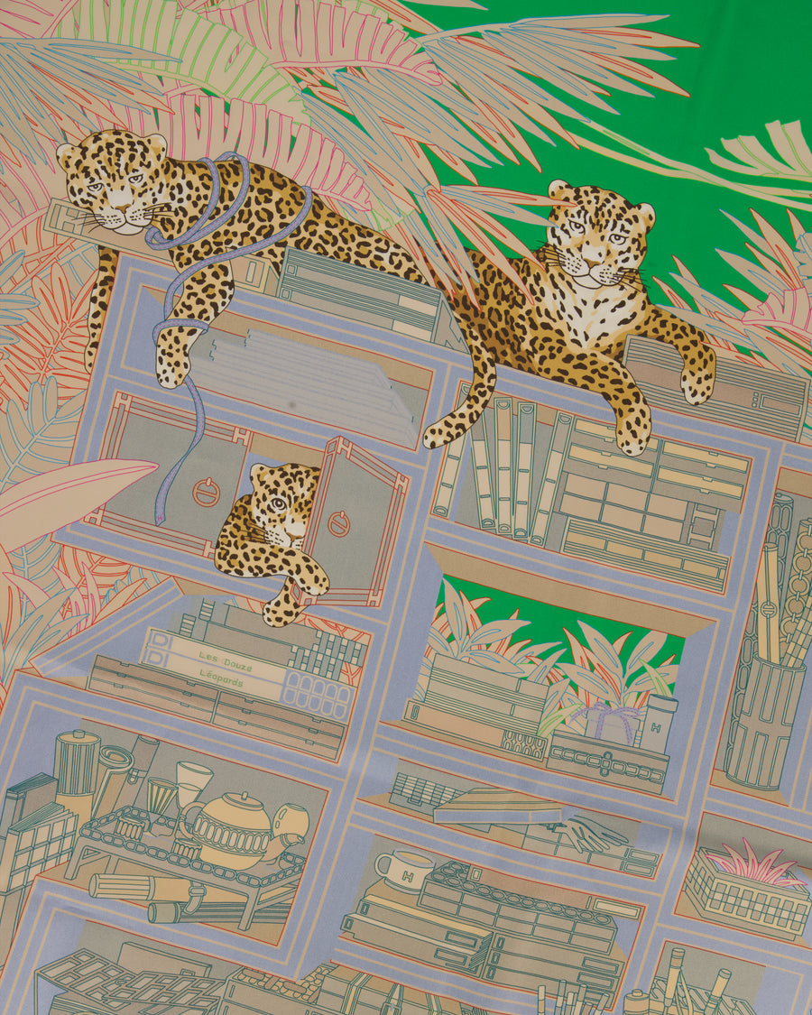 Hermès Les Douze Léopards Double Face Carré 90 Scarf in Blue, Beige and Pink with Leopard Print