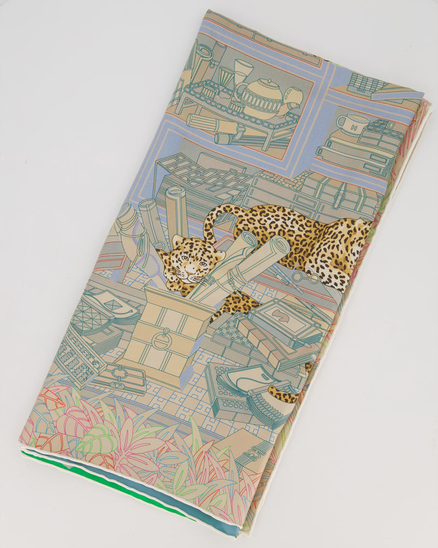 Hermès Les Douze Léopards Double Face Carré 90 Scarf in Blue, Beige and Pink with Leopard Print