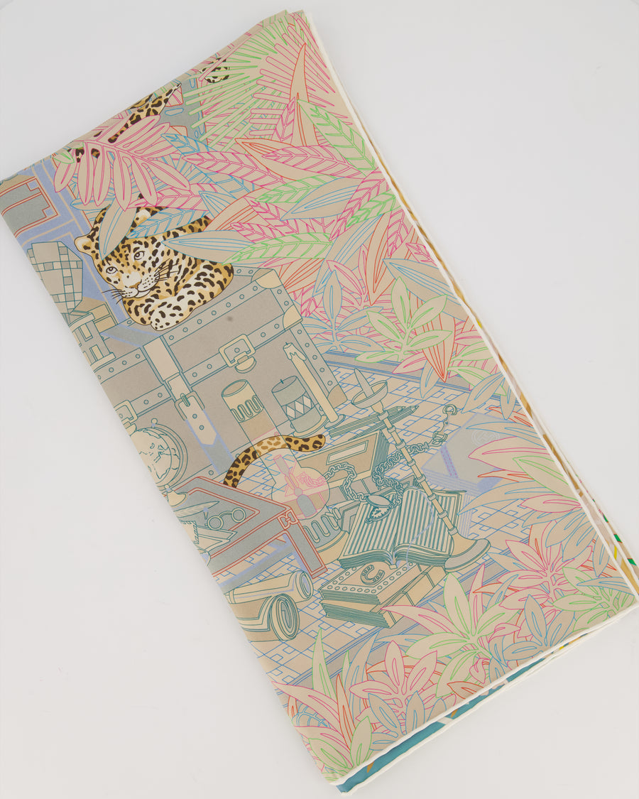 Hermès Les Douze Léopards Double Face Carré 90 Scarf in Blue, Beige and Pink with Leopard Print