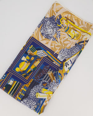 Hermès Les Douze Léopards Double Face Carré 90 Scarf in Blue, Beige and Pink with Leopard Print