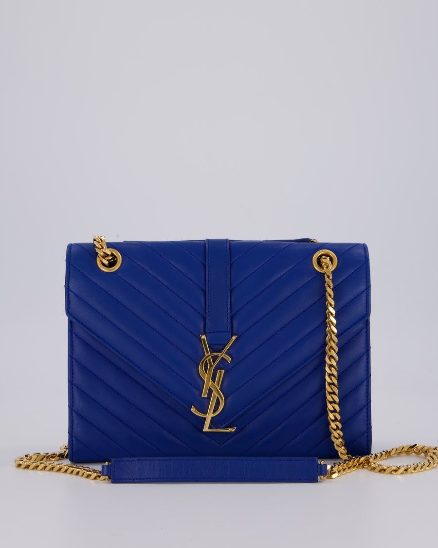 Saint Laurent Blue Electric Cassandra Shoulder Bag in Lambskin Leather With Gold Hardware