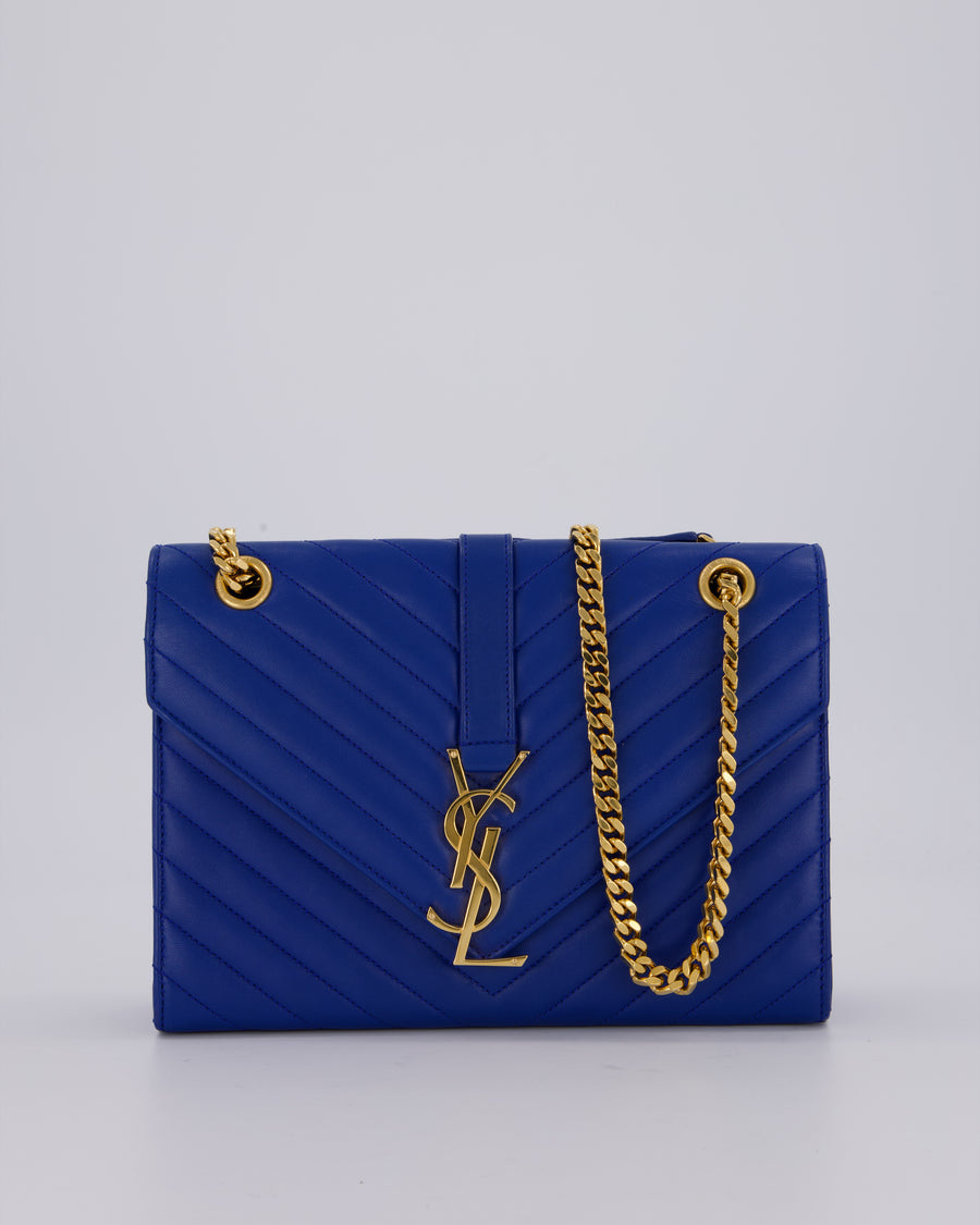 Saint Laurent Blue Electric Cassandra Shoulder Bag in Lambskin Leather With Gold Hardware